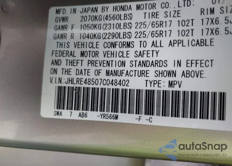 2007 Honda Cr-V Ex z USA, uszkodzony, nr VIN JHLRE48507C048402